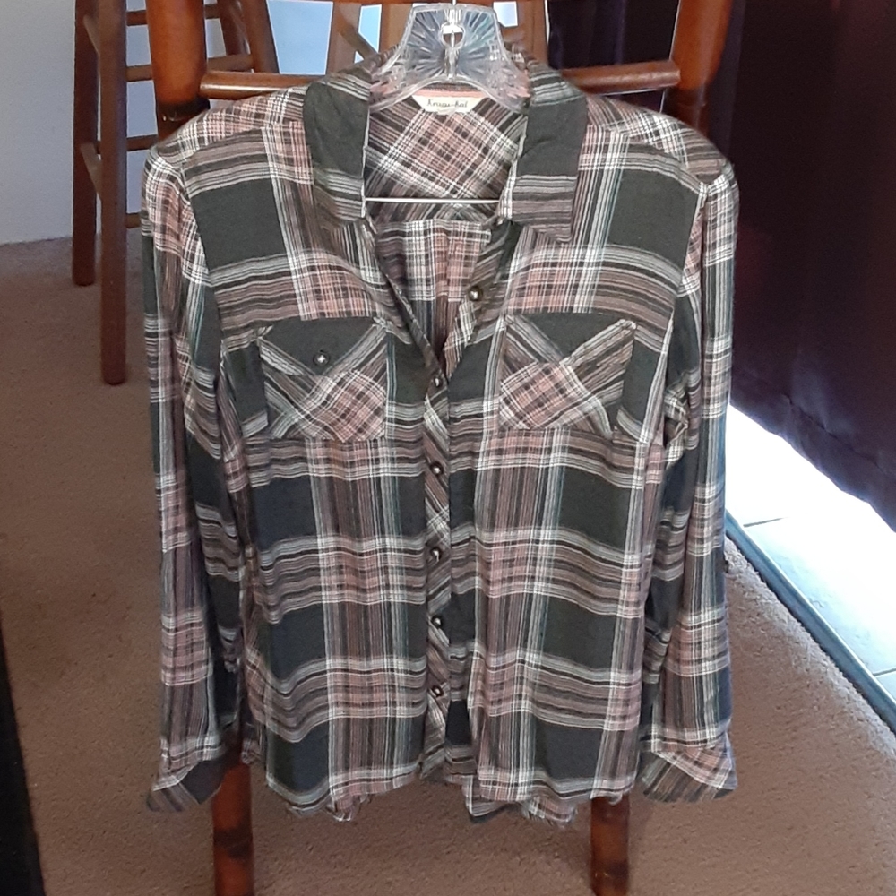 Krazy Kat Charcoal/pink/blue/white plaid shirt /XS